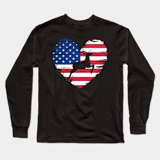 Heart and USA Flag with Deer Long Sleeve T-Shirt